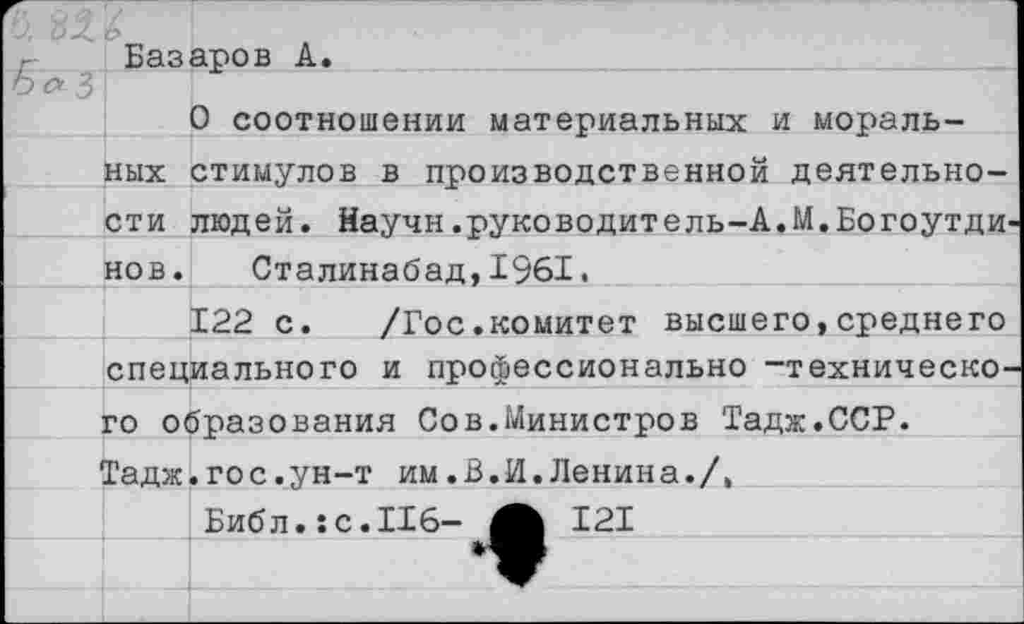 ﻿c>%_ ■
Базаров А.
а 3
О соотношении материальных и моральных стимулов в производственной деятельности людей. Иаучн.руководитель-А.М.Богоутди нов. Сталинабад,1961,
122 с. /Гос.комитет высшего,среднего специального и профессионально -технического образования Сов.Министров Тадж.ССР. Тадж.гос.ун-т им.В.И.Ленина./,
Библ.:с.И6- 121